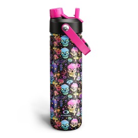 ENCOOL Insulated Water Bottle with Straw Stainless Steel Water Bottle, Leak-Proof, BPA-Free, Double Wall Vacuum Keeps Cold for 24 Hours for Sports, Travel, School (26 oz, Trippy Skulls)