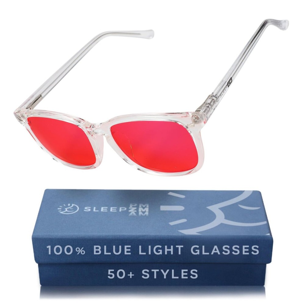 Sleep ZM Blue Light Blocking Glasses for Women + Men - Better Sleep + Anti Eye Strain Protection - Computer Screens & Gaming - Crystal Wayfarer - 100% Night-timeMax Red Lens