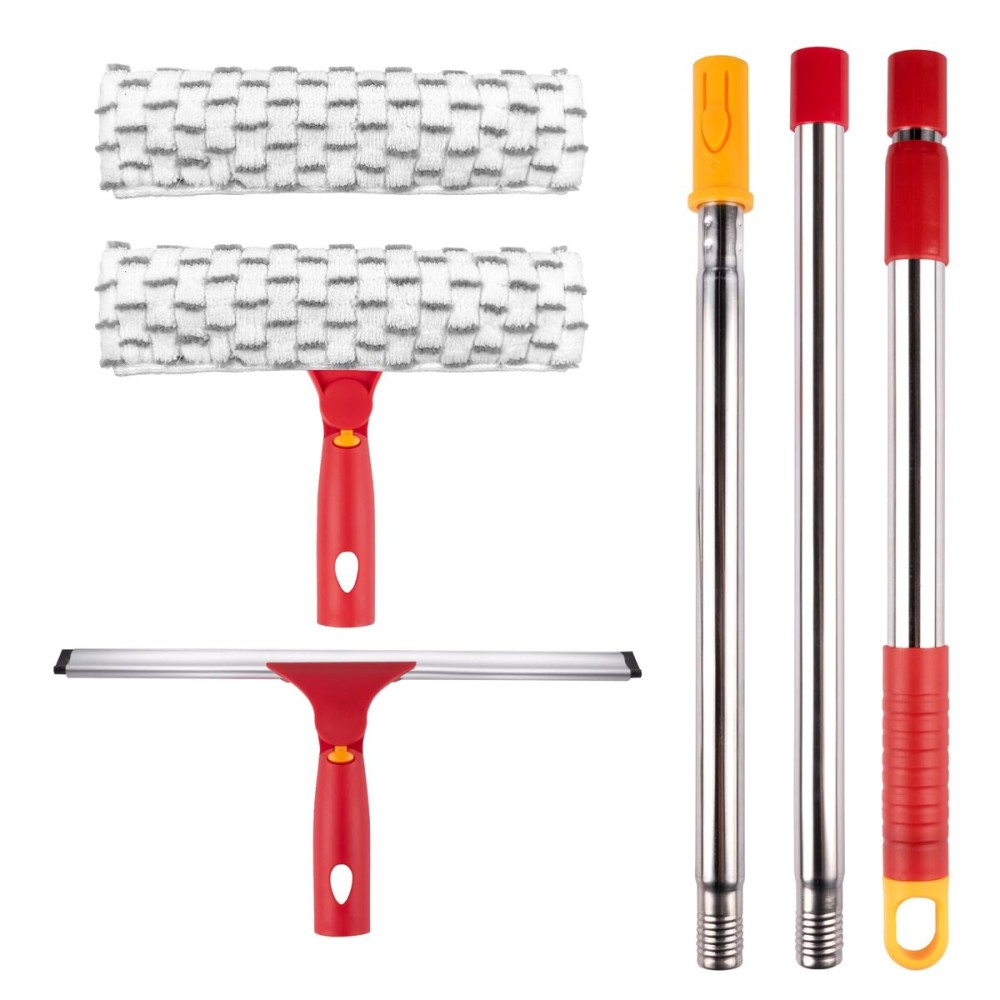 ITTAHO Squeegee for Window Cleaning, 12 Squeegee and 11 Microfiber Scrubber Combi with Stainless Steel Pole, Extendable Window Cleaner for Car, Sliding Door, Shower Glass Door-Swivel Style-2 Pads