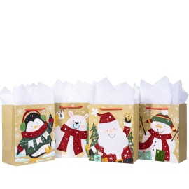 Loveinside Christmas Gift Bags Set, Glitter Foil Santa, Penguin, Snowman & Polar Bear Design, Medium Size Bags with Handle, Tissue Paper for Christmas Gifts & Party Favors, 4 Pack, 7 X 4 X 9