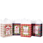 Loveinside Christmas Gift Bags Set, Gold Foil Holiday Wreath & Plaid Design, Medium Size Bags with Handle, Tissue Paper for Christmas Gifts & Party Favors, 4 Pack, 7 X 4 X 9