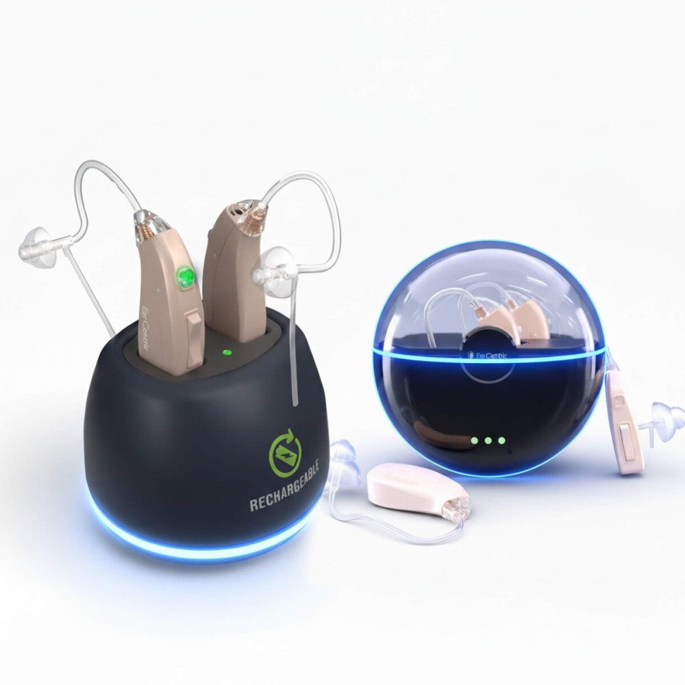 EarCentric EasyCharge Bundle Rechargeable Hearing Aids for Seniors - With Dual Charging System: Desktop Fast Charger + Portable Charger, Noise-Canceling, Easy Volume Control, Nearly Invisible