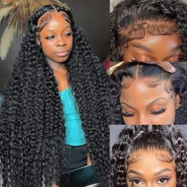 JTMMP 36 Inch Deep Wave Lace Front Wigs Human Hair Pre Plucked 13x6 HD Transparent Lace Frontal Wigs Human Hair 200% Density Deep Curly Glueless Wigs Human Hair for Women