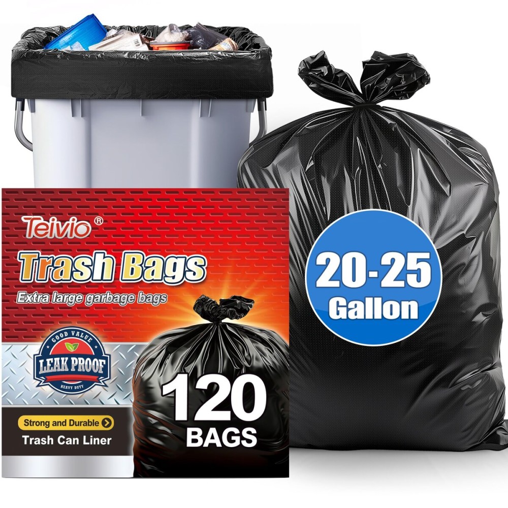 Teivio 20-25 Gallon 120 Counts Black Large Trash Bags Garbage Bags, outdoor trash bags liners for Kitchen/Yard/Industrial or Commercial Use,fit for 18, 20,21, 23 and 25 gallon, Black