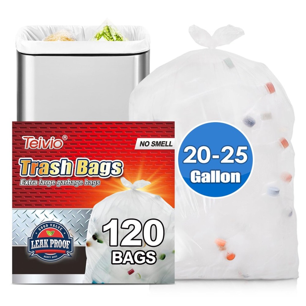 20-25 Gallon 120 Counts Tall Kitchen Trash Bags,Fit 16,18,20,21,23,25Gal,Garbage Bags by Teivio, Unscented,75 Liters Bin Liners, Plastic Bags for home,for Bathroom,Office,Industrial,Clear