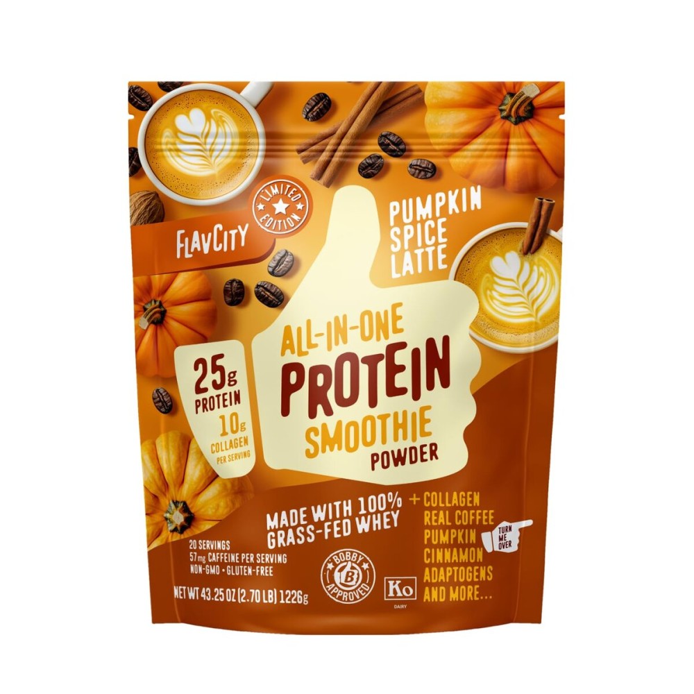 FlavCity Grass Fed Whey Protein Powder - Pumpkin Spice Latte - 25g Protein & 57mg of Caffeine - Made with Real Pumpkin & Organic Coconut Milk - Gluten Free & No Added Sugars (20 Servings)