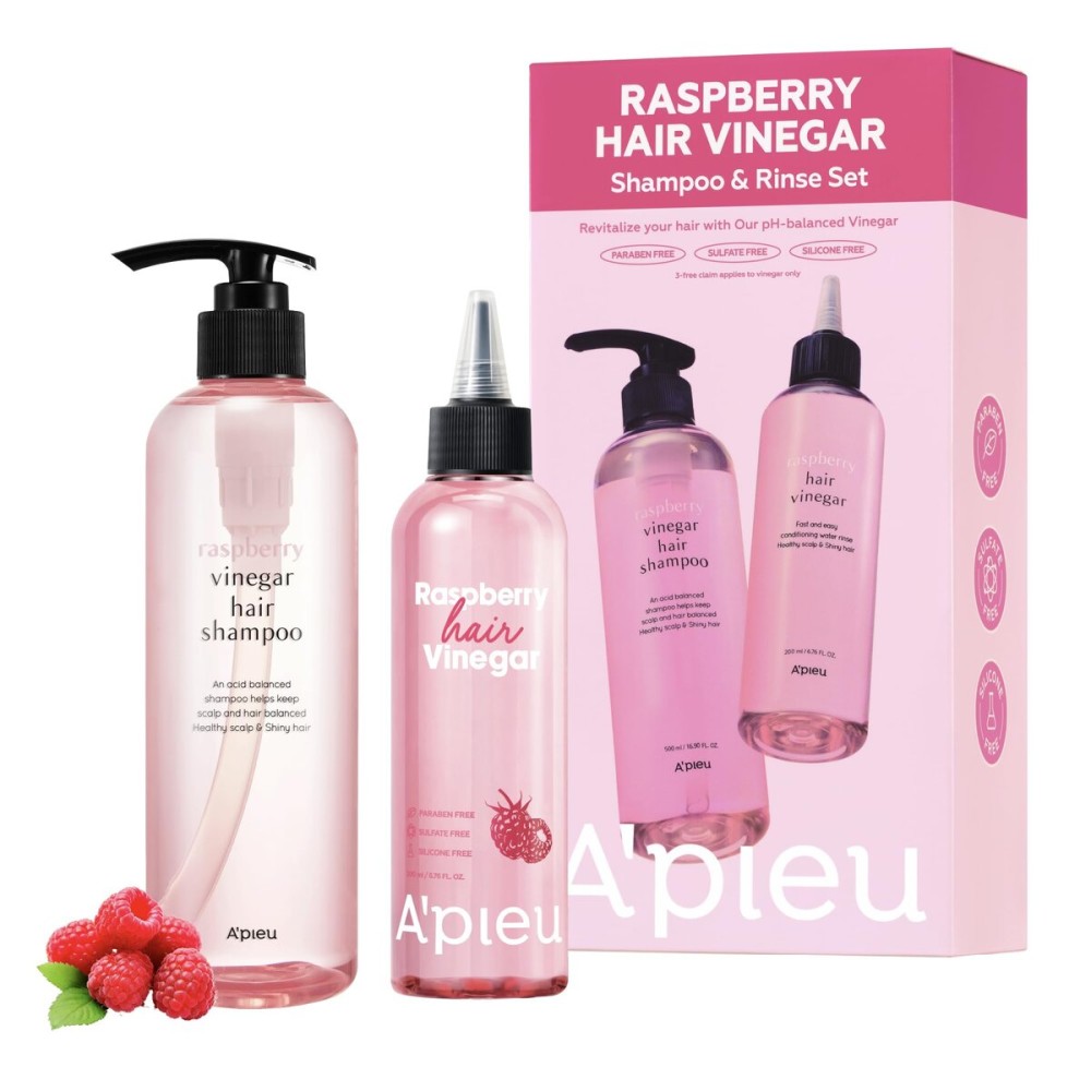 APIEU Raspberry Vinegar Shampoo & Hair Vinegar Rinse Conditioner Set - Scalp Clarifying, Buildup Removal, Refresing Finish, and pH-Balancing. Korean Hair Care (16.9 fl oz / 6.76 fl oz)