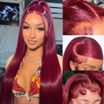 tobasew 13x6 Straight Burgundy HD Lace Front Wigs Human Hair Red Lace Frontal Wigs Human Hair Pre Plucked Straight Glueless Wigs Human Hair Pre Plucked 200 Density 26 Inch