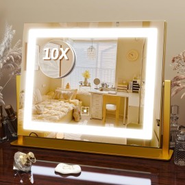 FENNIO Vanity Mirror with Lights, 12 x 16 Lighted Makeup Mirror with Smart Touch Control, 3 Color Modes & Brightness Adjustable, LED Makeup Mirror with 10X Magnification, Square Gold