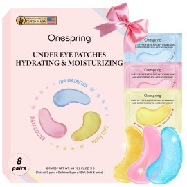 Onespring Eye Masks (8 Pairs) - 24K Gold, Caffeine and Retinol Under Eye Patches, Gel Pads for Wrinkles, Puffiness & Dark Circles, Bachelorette Party Favors, Self Care, Birthday Gifts for Women