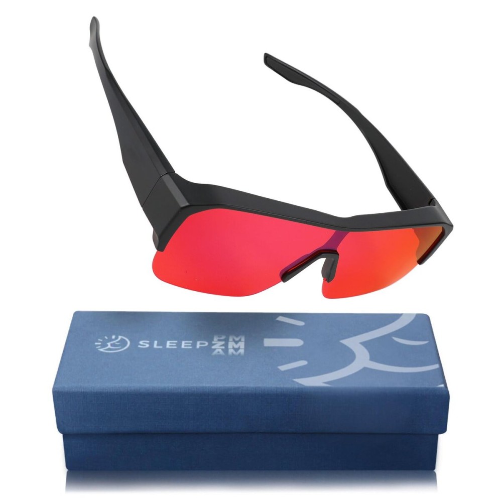 Sleep ZM 100% Blue + Green Light Blocking Glasses for Women + Men - Better Sleep + Anti Eye Strain Protection - Computer Screens & Gaming - XXL Black Fit over - Night-timeMax Red Lens