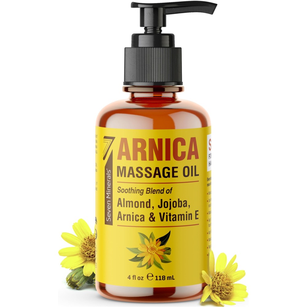 Seven Minerals Arnica Sore Muscle Massage Oil for Massage Therapy - 4 oz - Ideal for Professional or at-Home Body Massage.