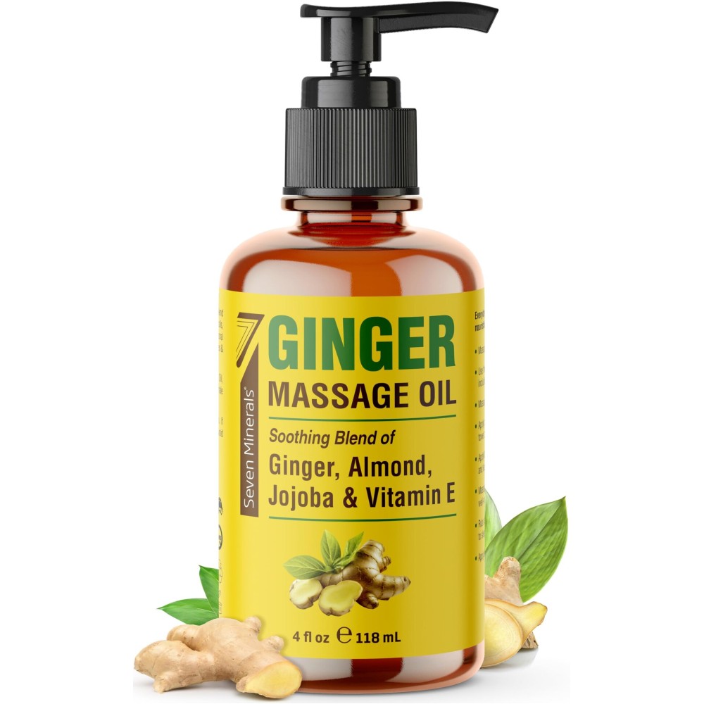 Seven Minerals Ginger Massage Oil for Lymphatic Drainage Massage Therapy - 4 oz - Warming and Ultra Relaxing - Therapeutic Grade Essential Oils Soothes Tired Muscles & Relaxes Mind and Body