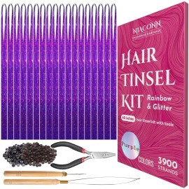 NIACONN Glitter Hair Tinsel Extensions Kit Purple with Tools and Beads, 48 Inch Sparkly Fairy Colorful Tensile Strands Shiny Hair Accessories for Women Girls Kids