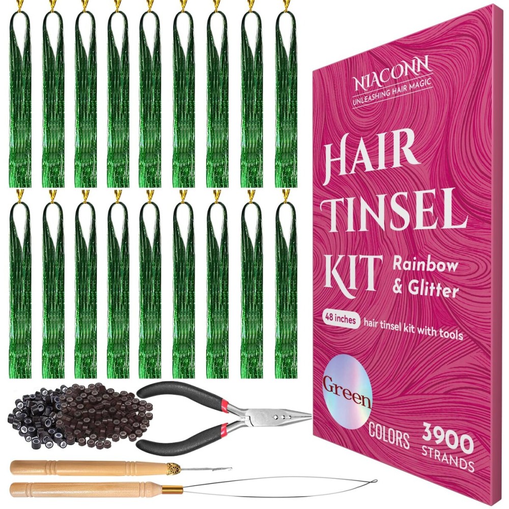 NIACONN Glitter Hair Tinsel Extensions Kit Green with Tools and Beads, 48 Inch Sparkly Fairy Colorful Tensile Strands Shiny Hair Accessories for Women Girls Kids