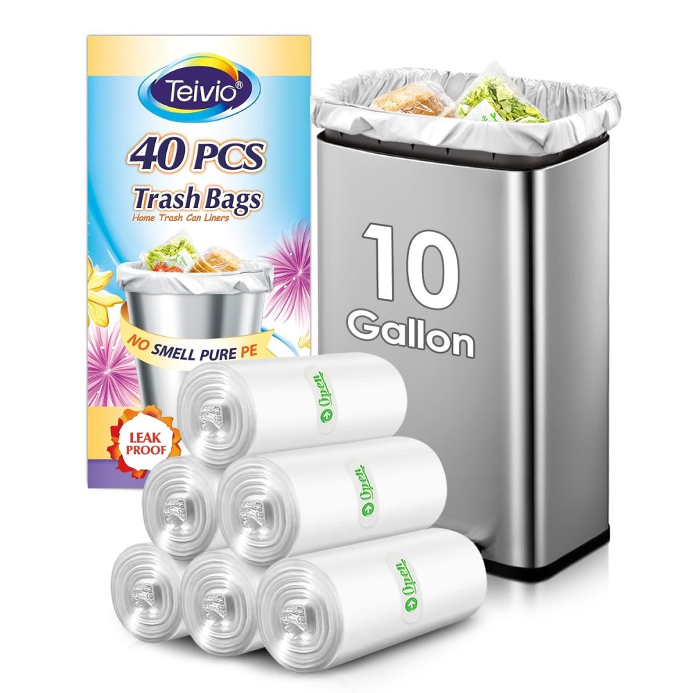 10 Gallon 40 Counts Medium Trash Bags Tall Kitchen Garbage Bags by Teivio, 9 Gallon 10 Gallon 11 Gallon,Bathroom Trash Can Bin Liners, Intended for Home,Plastic Bags for office kitchen, Clear