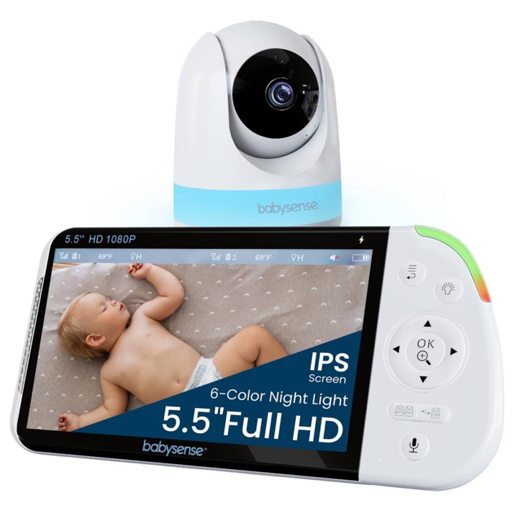 Babysense Full HD 5.5 Split Screen Baby Monitor with Camera and Audio, 6-Color Night Light, White Noise, Sound & Light Machine, 20-Hour Battery, Hack-Proof Non-WiFi Secure Connection