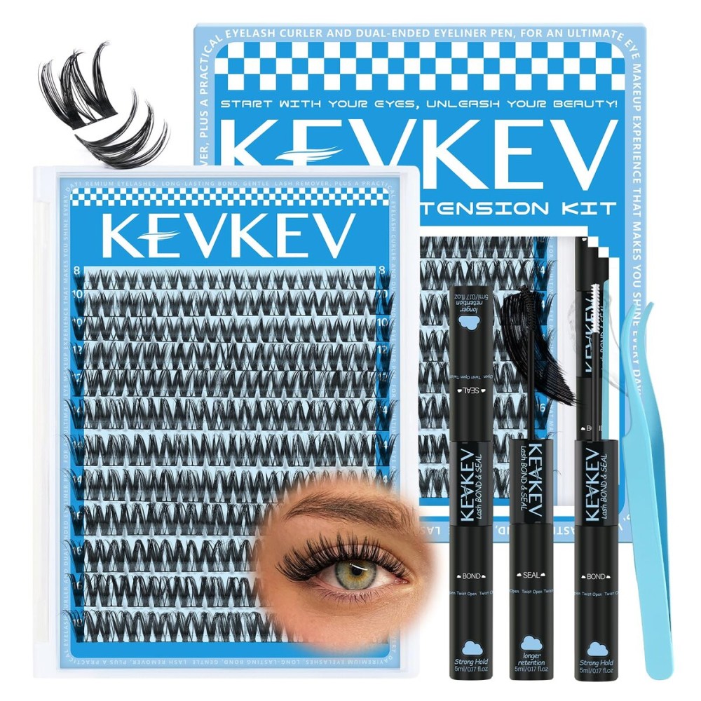 KEVKEV Lash Clusters Kit 144pcs Flora Lashes Clusters 8-18mm Lash Extension Kit Thin Band Eyelash Extension Kit Lash Clusters with Lash Bond and Seal Eyelash Clusters Kit DIY Lash At Home(Kit-K03)