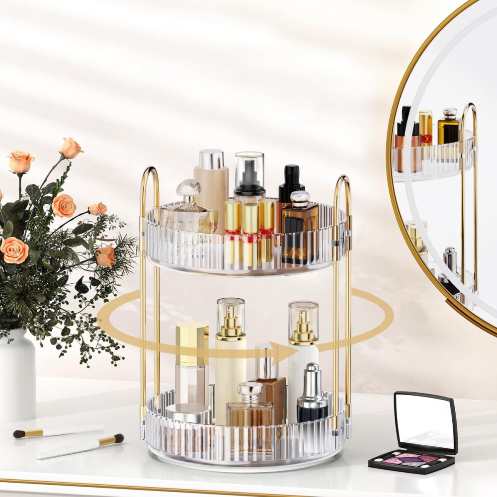 MOKANI 360 Rotating Makeup Organizer for Vanity, 2 Tier Adjustable Perfume Organizer for Dresser, Multi-Function Spinning Cosmetics Skincare Storage for Bedroom, Dresser, Countertop, Clear