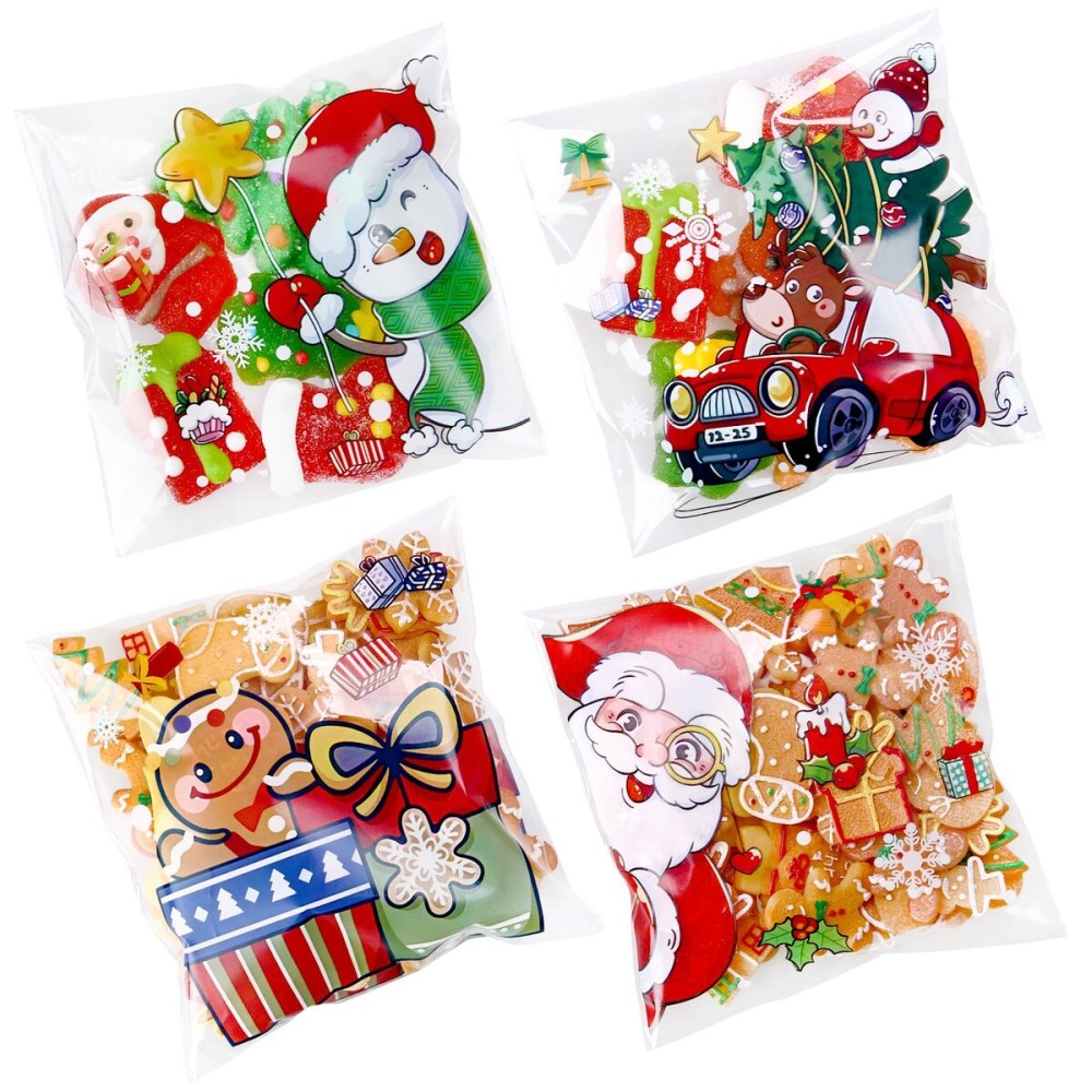 Christmas Cellophane Bags Biscuit Roasting Treat Bags Individual Wrappers Self Adhesive OPP Cookie Bakery Present Gift DIY Candy Decorating Favor Bags (4x4 Inch, 200Pcs)