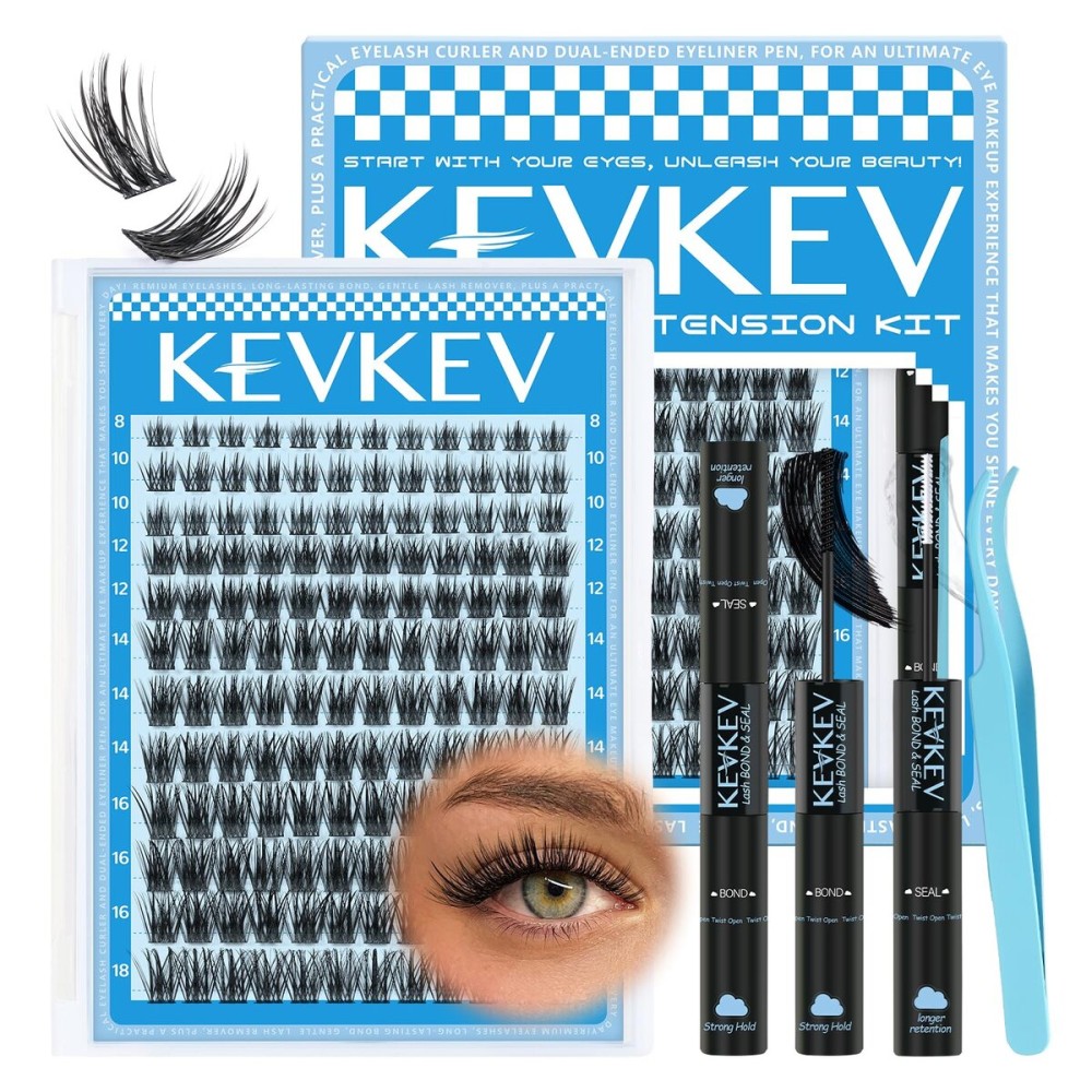 KEVKEV Lash Clusters Kit 144pcs Lashes Clusters 8-18mm Lash Extension Kit Thin Band Eyelash Extension Kit Lash Clusters with Lash Bond and Seal Lash Tweezers DIY Lash At Home(Kit-K01)