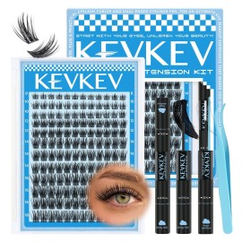 KEVKEV Lash Clusters Kit 144pcs Lashes Clusters 8-18mm Lash Extension Kit Thin Band Eyelash Extension Kit Lash Clusters with Lash Bond and Seal Lash Tweezers DIY Lash At Home(Kit-K01)