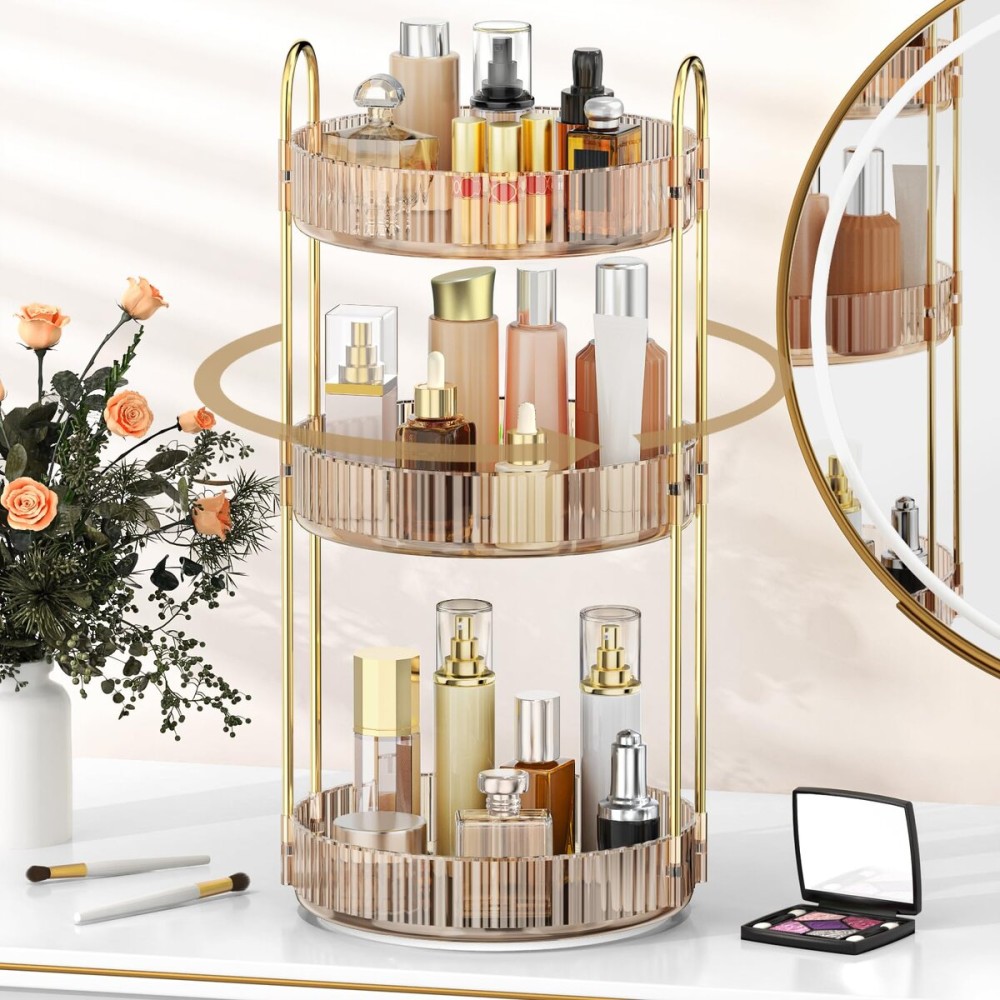 MOKANI 360 Rotating Makeup Organizer for Vanity, 3 Tier Adjustable Perfume Organizer for Dresser, Multi-Function Spinning Cosmetics Skincare Storage for Bedroom, Dresser, Countertop, Amber