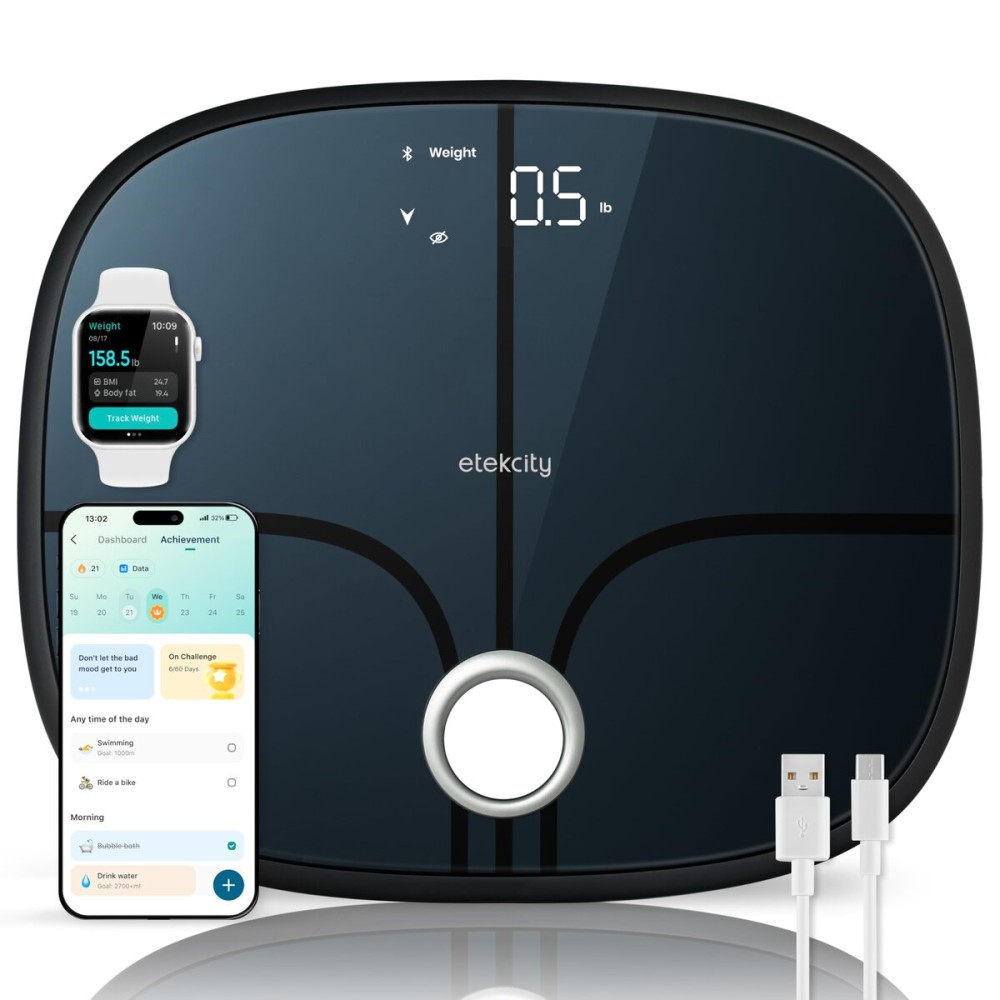 Etekcity Smart Rechargeable Scale for Body Weight, BMI, Fat, Muscle Mass, Digital Bathroom Scale with 13 Metrics, Secret Mode, Bluetooth Connect to Free Apps, Stealth Black