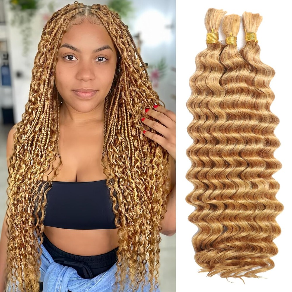Human Braiding Hair for Boho Braids Human Hair 110g 24 Inch Curly Boho Hair for Braiding Knotless 12A Deep Wave Bohemian 3 Bundles/Pack Caramel Honey Blonde