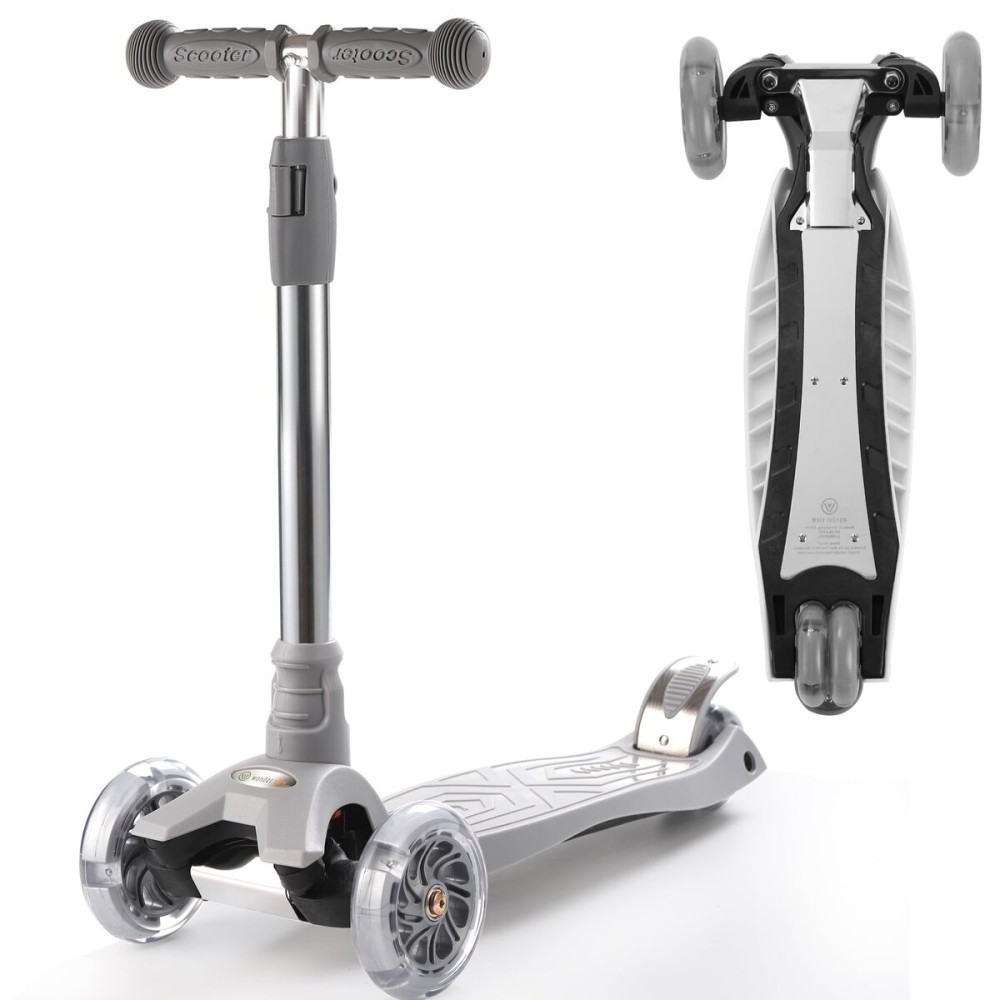 3 Wheel Scooter for Kids Ages 6-12,Kids Scooter with Light Up Wheels, Sturdy Deck Design, and 4 Height Adjustable Suitable for Kid Ages 3-12 (Grey)