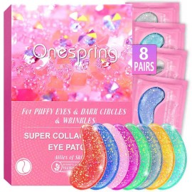 Onespring Eye Masks (8 Pairs) - Travel Essentials - Under Eye Patches for Dark Circles, Puffiness, Fine Lines with Collagen, Revitalises and Refreshes Your Skin, Bridesmaid Gifts for Her
