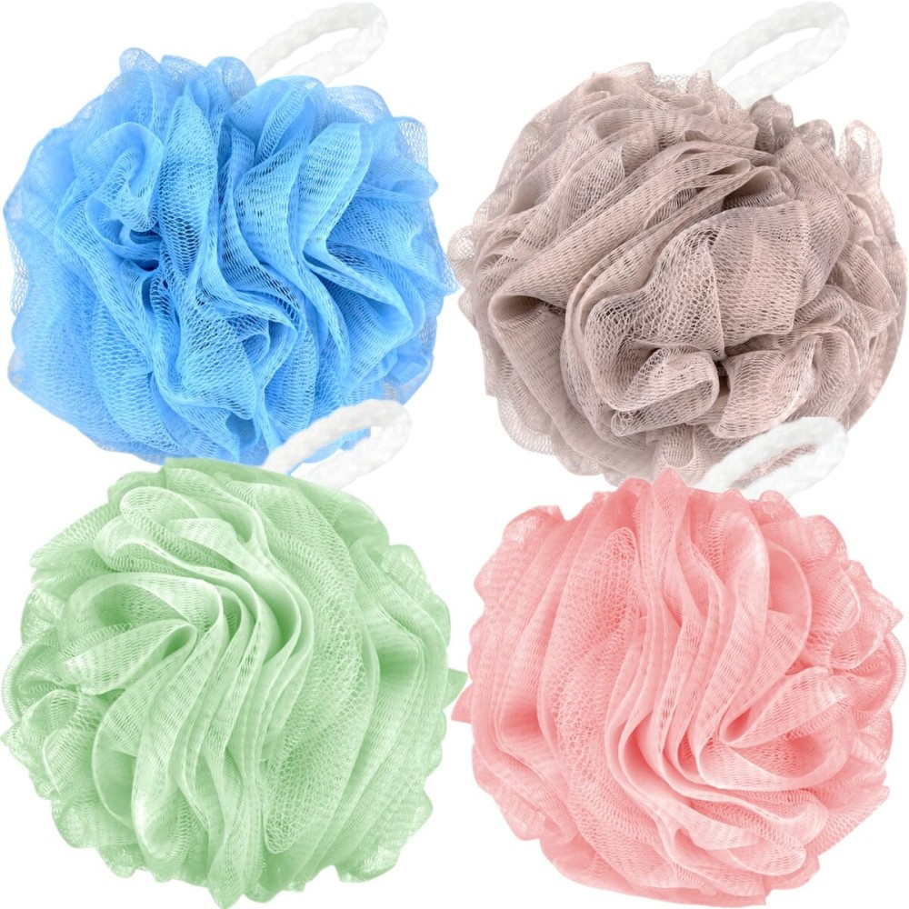 Fu Store Loofah Sponge Shower Loofahs 70g Bath Sponges Mesh Balls 4 Colors for Body Scrubber Exfoliator Wash Back Scrubbers Bathroom Men Women 4 Pack Cleaning Bathing Accessories Blue Beige Green Pink