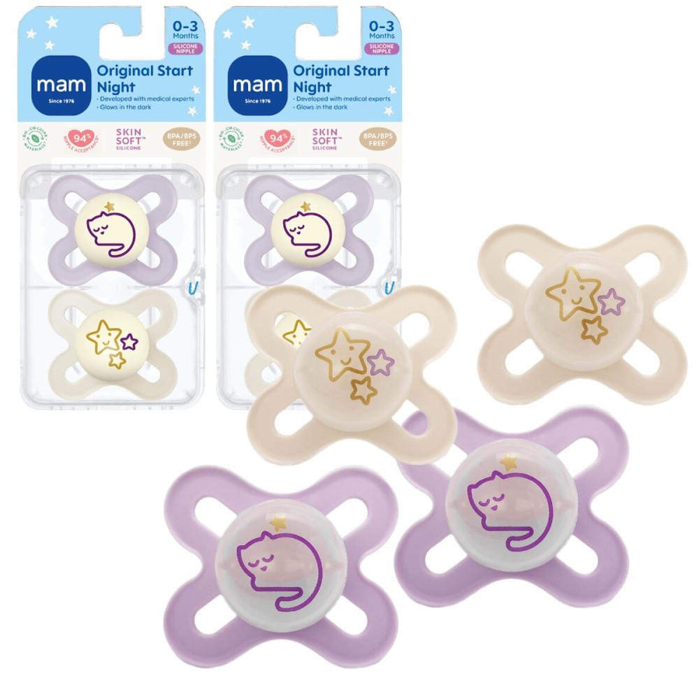MAM Original Start Night Baby Pacifiers, Binky for 0-3 Months, BPA-Free Silicone Nipple, Easy to Clean, Best for Newborn Babies, Developed with Medical Experts, 4 Count Binkies with Sterilizer Case