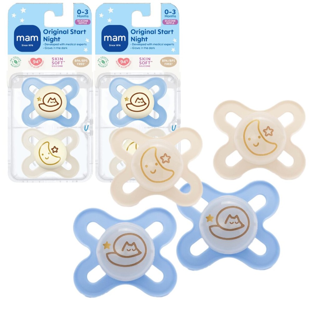 MAM Original Start Night Baby Pacifiers, Binky for 0-3 Months, BPA-Free Silicone Nipple, Easy to Clean, Best for Newborn Babies, Developed with Medical Experts, 4 Count Binkies with Sterilizer Case
