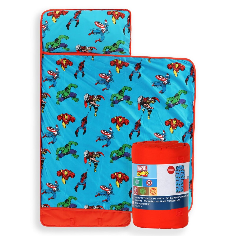 Jay Franco Kids Nap Mat Cartoon Embedded Pillow & Blanket - Soft 46x20Microfiber Sleeping Bag with Name Tag & Handle for School, Travel, Sleepover, Blue - Marvel Comics