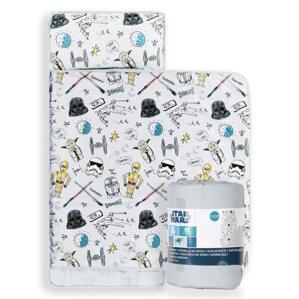 Jay Franco Kids Nap Mat Cartoon Embedded Pillow & Blanket - Soft 46x20Microfiber Sleeping Bag with Name Tag & Handle for School, Travel, Sleepover, Gray - Star Wars