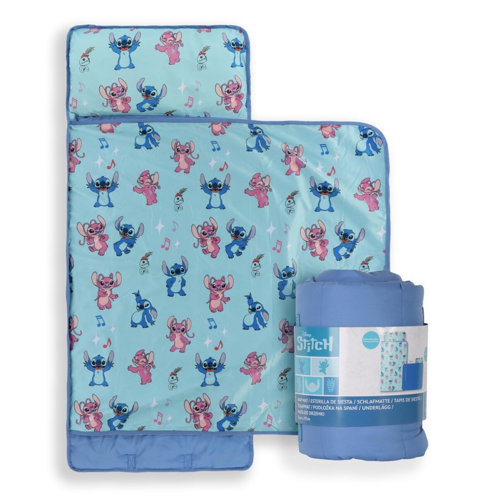 Jay Franco Kids Nap Mat Cartoon Embedded Pillow & Blanket - Soft 46x20Microfiber Sleeping Bag with Name Tag & Handle for School, Travel, Sleepover, Blue - Lilo & Stitch