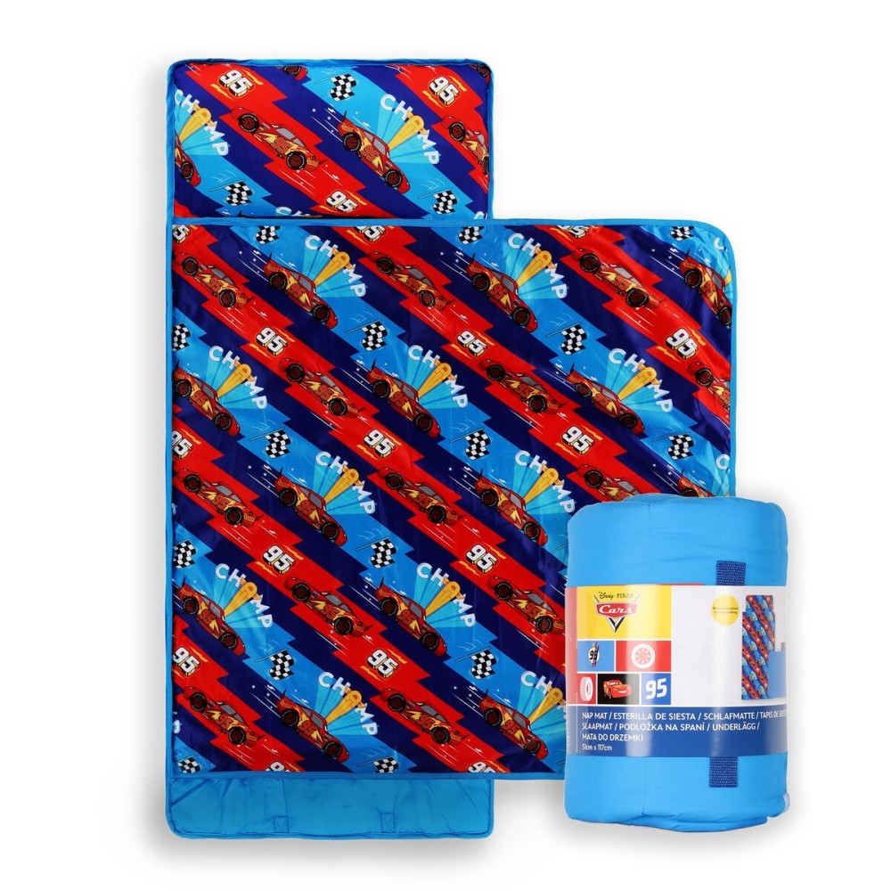 Jay Franco Kids Nap Mat Cartoon Embedded Pillow & Blanket - Soft 46x20Microfiber Sleeping Bag with Name Tag & Handle for School, Travel, Sleepover, Multi - Cars