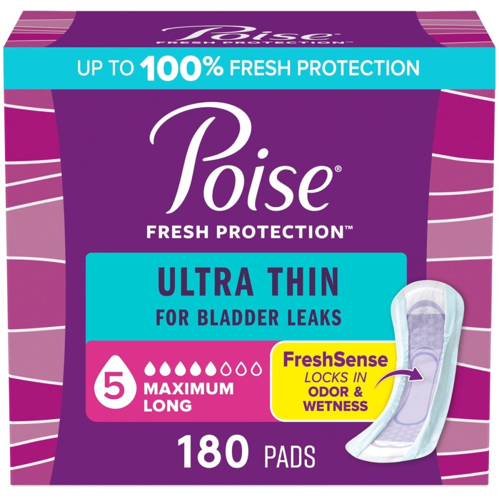 Poise Ultra Thin Incontinence Pads & Postpartum Pads for Bladder Leaks, 5 Drop Maximum Absorbency, Long Length, 180 Count, Packaging May Vary