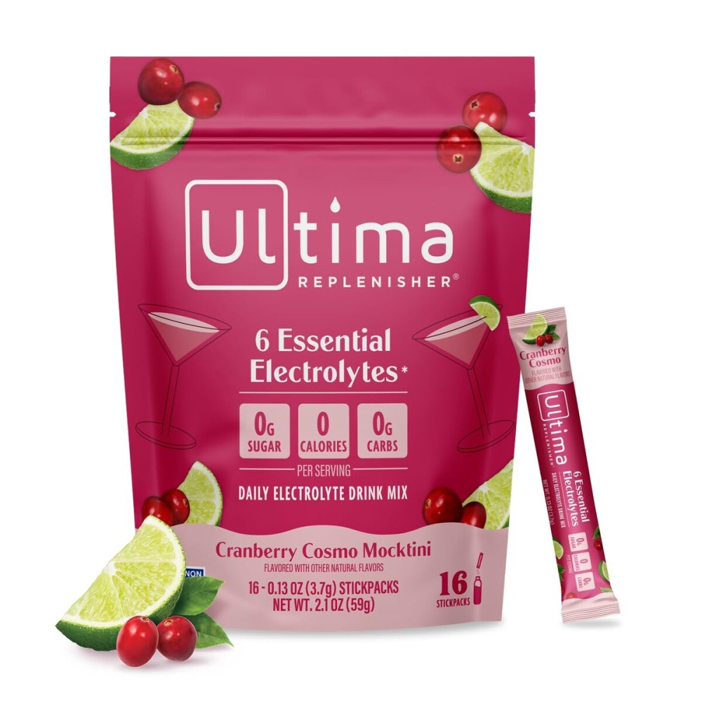 Ultima Replenisher Daily Electrolyte Powder Drink Mix - Sugar Free - Cranberry Cosmo, 16 Stickpacks - Hydration Packets with 6 Key Electrolytes and Trace Minerals - Keto Friendly, Non-GMO