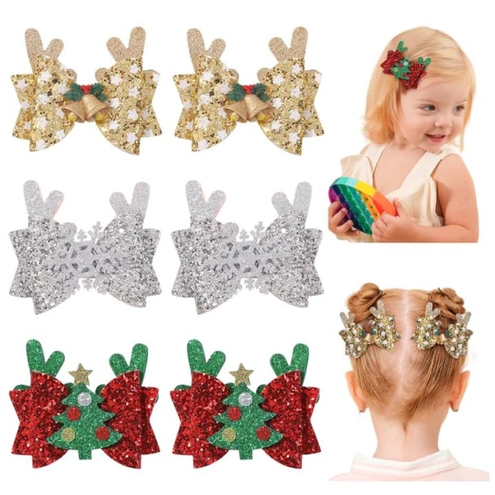 choicbaby 6pcs Christmas Hair Bows Clips 3 Glitter Sequin Baby Girl Hair Bows Christmas Tree Snowflake Bell Hair Accessories for Baby Girls Toddler Kids