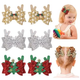 choicbaby 6pcs Christmas Hair Bows Clips 3 Glitter Sequin Baby Girl Hair Bows Christmas Tree Snowflake Bell Hair Accessories for Baby Girls Toddler Kids