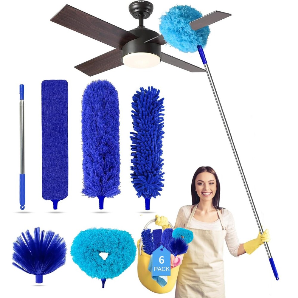 Tiumso Ceiling Fan Cleaner Dusters for Cleaning 6-in-1 Kit, Cobweb Duster with Extension Pole, 100 Inches High Ceiling Fan Blade Cleaners with 5 Reuseable Dusting Heads for Windows and Blinds- Blue