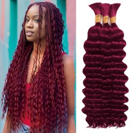 Human Braiding Hair for Boho Braids Human Hair 3 Bundles/Pack 110g 16 Inch Deep Wave Bulk Human Hair for Braiding Curly Knotless 12A Brazilian Virgin Burgundy