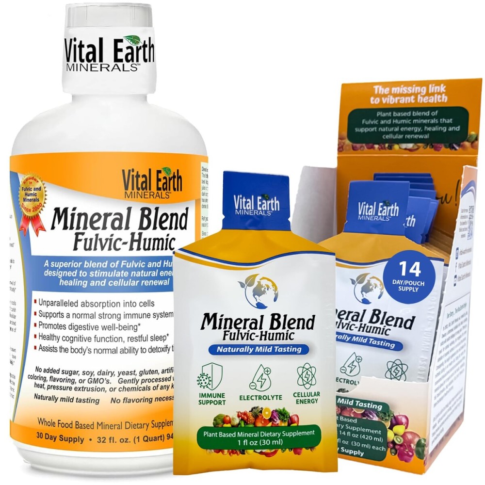 Vital Earth Minerals Detox & Wellness Support - Fulvic Humic Mineral Blend with 70+ Trace Minerals, Electrolytes, 32 Oz Bottle + 14 Single-Serve Packs