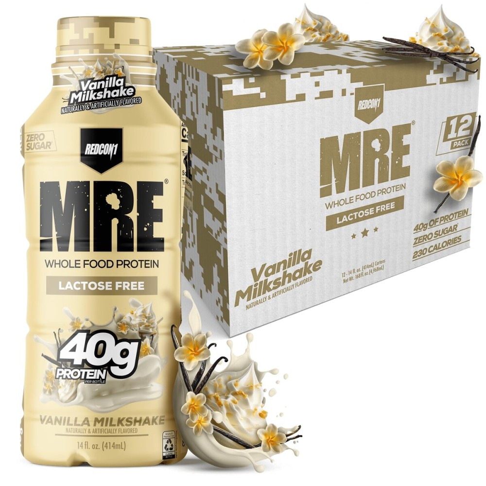 REDCON1 MRE Ready to Drink Protein Shake, Vanilla Milkshake - Lactose + Whey Free RTD 40gr Protein Made with Real Whole Food Protein Blends - Keto-Friendly, Easy to Digest Nutritional Shake (12 Pack)