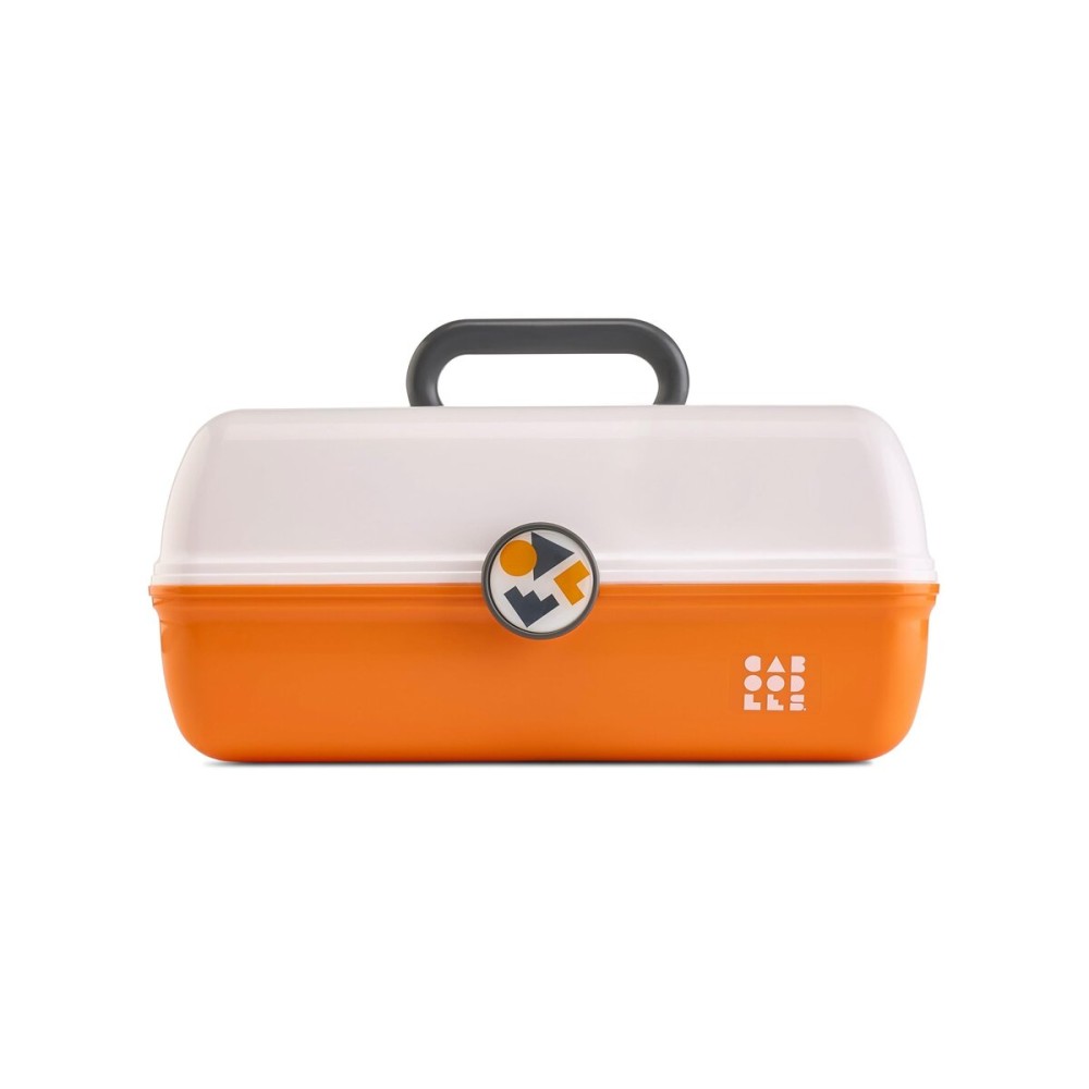 Caboodles School Spirit On-The-Go Girl Makeup Box, White Over Orange, Hard Plastic Makeup Organizer Box, Built-In Mirror, Secure Latch for Safe Travel, Spacious Storage for Large Items