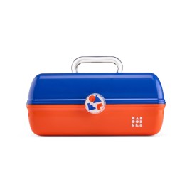 Caboodles School Spirit On-The-Go Girl Makeup Box, Blue Over Orange, Hard Plastic Makeup Organizer Box, Built-In Mirror, Secure Latch for Safe Travel, Spacious Storage for Large Items
