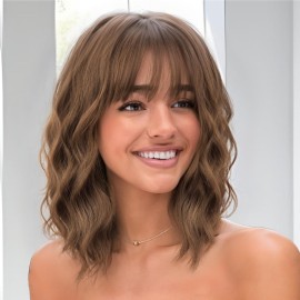 Nnzes Wig Bangs Light Brown Short Wavy Hair for Women Natural Looking Heat Resistant Bob Wigs with Synthetic Wig for Daily Party Use