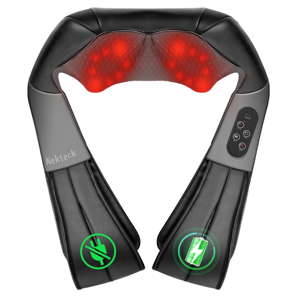 Nekteck Neck Back Massager with Heat, Cordless Shiatsu Shoulder Massager for Pain Relief Deep Tissue, Electric 3D Kneading Massage Pillow for Body Muscle, Gifts for Men Women Dad Mom